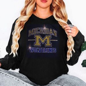 New Michigan Wolverines Black Long Sleeve Rhinesstone Bling Tshirt S-XL